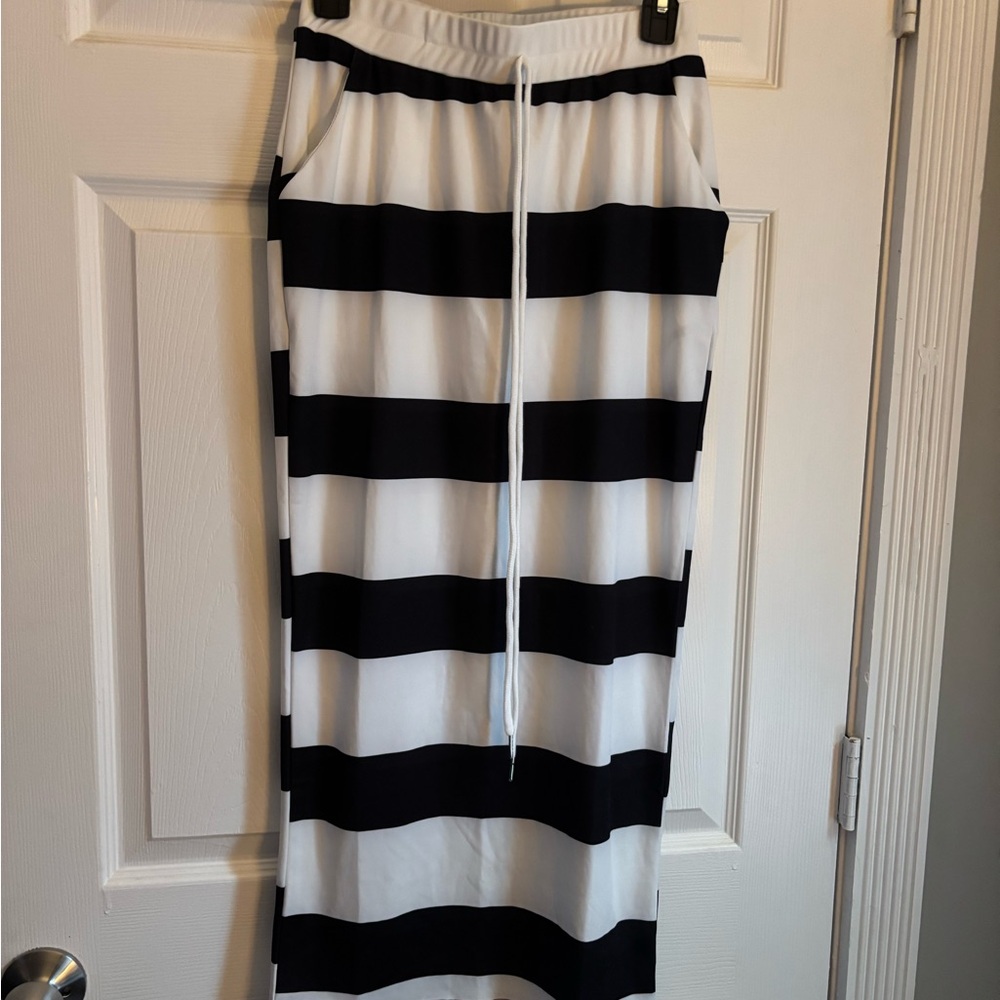 Navy Blue and White Striped Midi  Skirt
